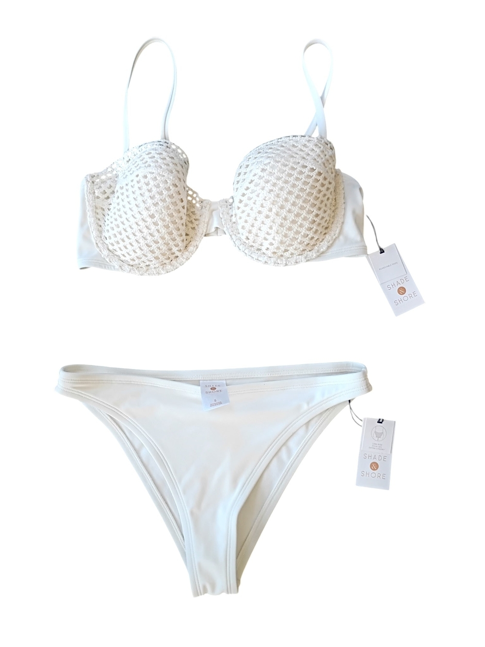 Shade & Shore Cream Crochet Overlay Push-Up Bikini Set Top 36 C, Bottom S NWT
